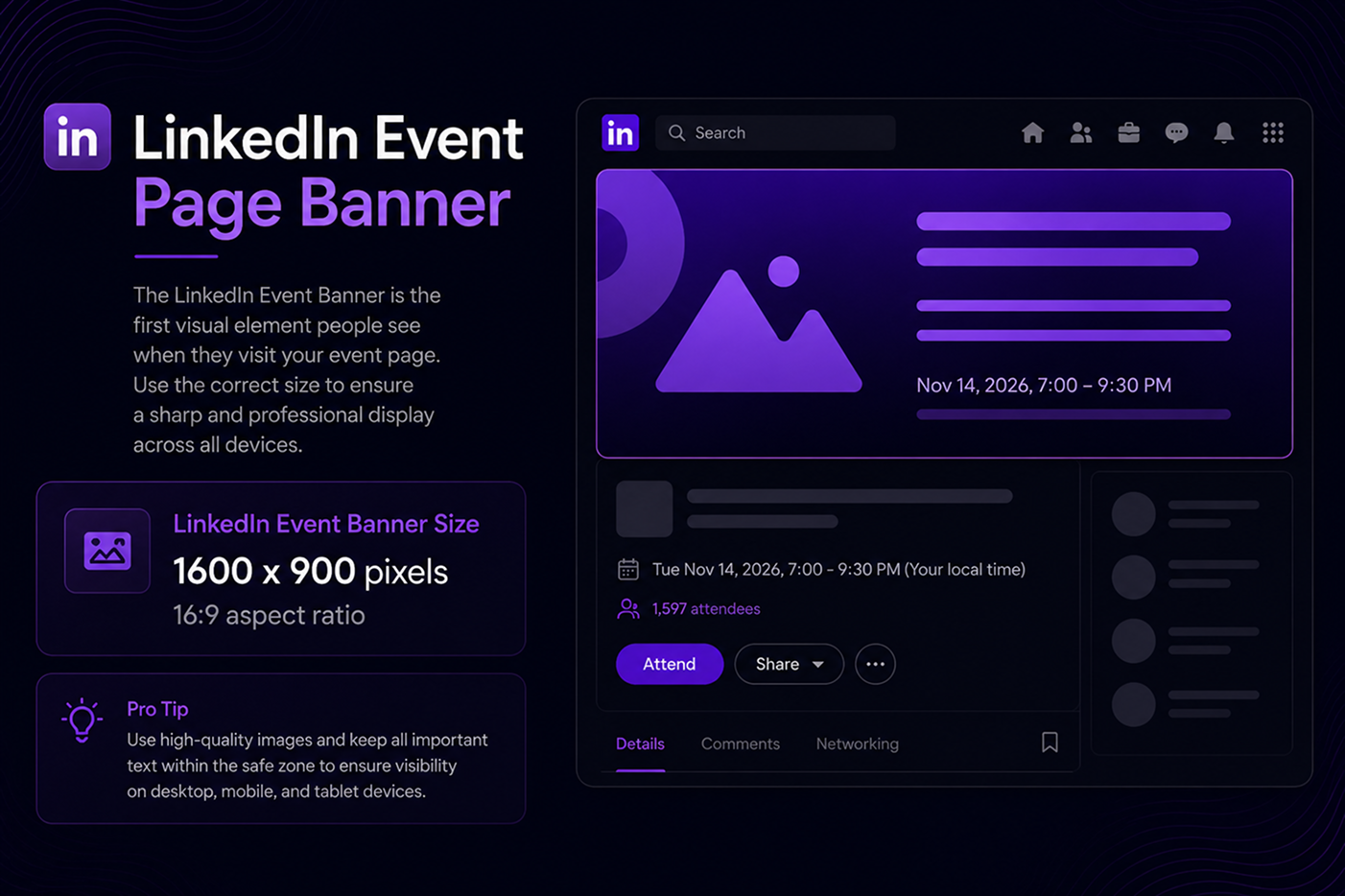 LinkedIn event banner size 2026 showing 1600 by 900 pixels 16 by 9 aspect ratio